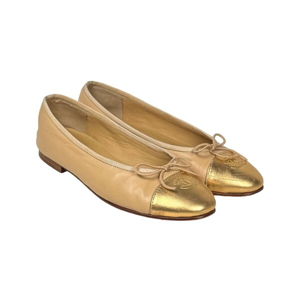 Chanel CC Bow Ballet Flats SZ 38 Beige Leather Gold Cap Toe Luxury Designer - Picture 15 of 15
